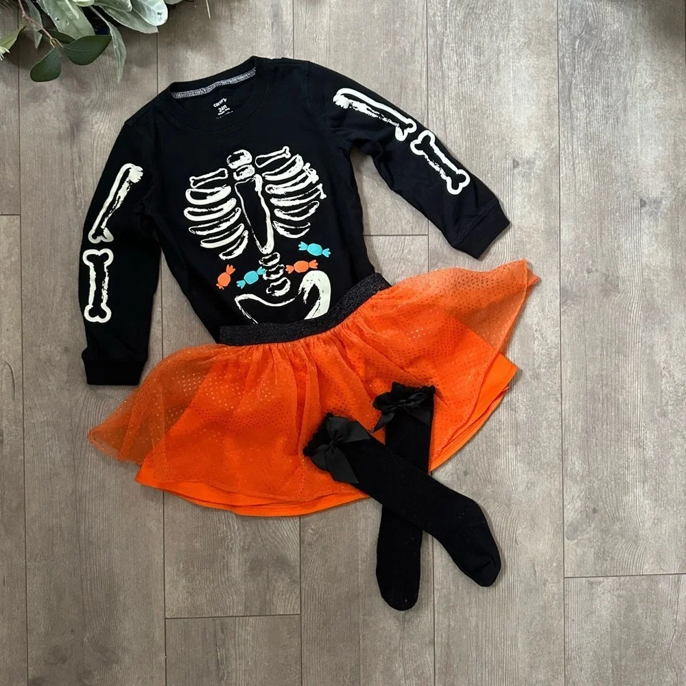 Halloween Glow in the Dark Top, Tutu Skirt, Knee High Socks 3-Piece Outfit Set